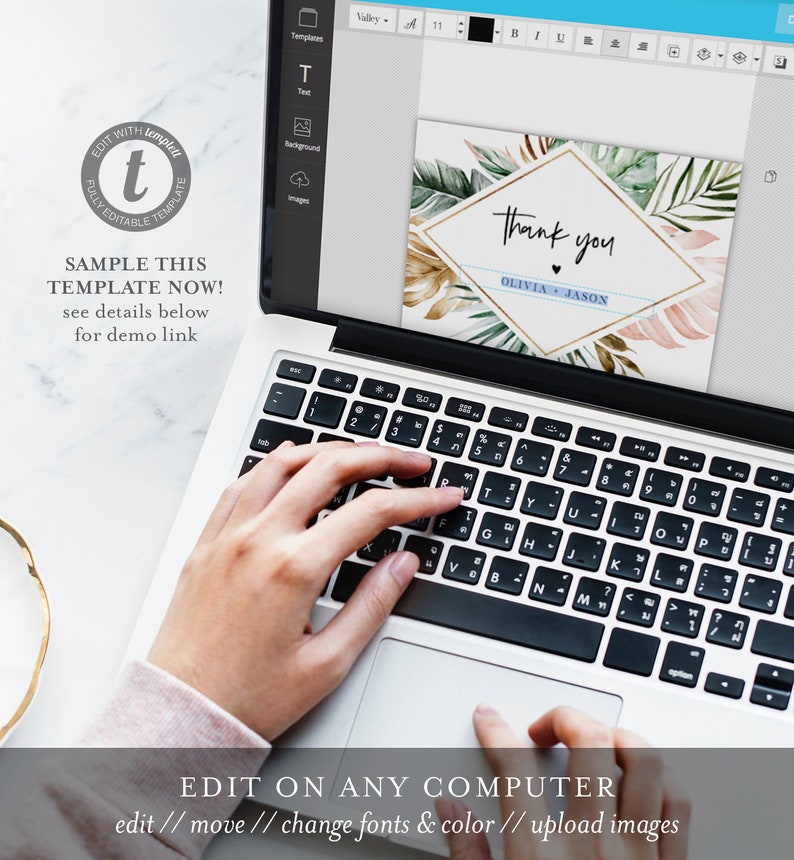 May include: A laptop computer screen displaying a thank you card template with a gold and green tropical leaf design. The text on the card reads "Thank you" with the names "Olivia & Jason" below. The text "Edit on any computer" is displayed below the laptop screen.