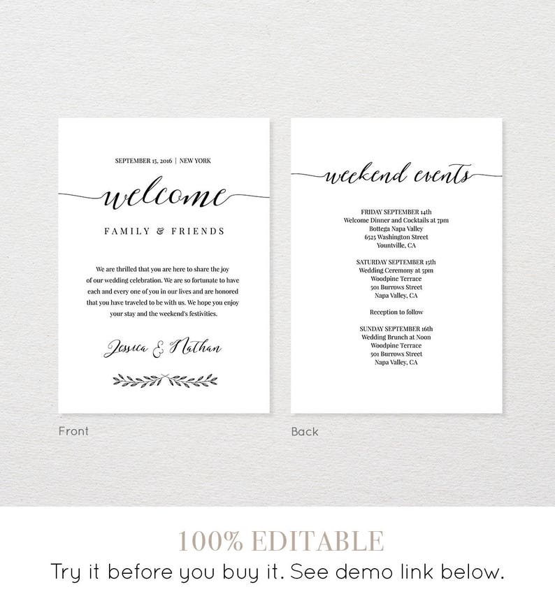 Welcome Bag Letter Template Instant Download Wedding Welcome Bag Note Agenda Editable Template #024-105WB Printable Wedding Itinerary