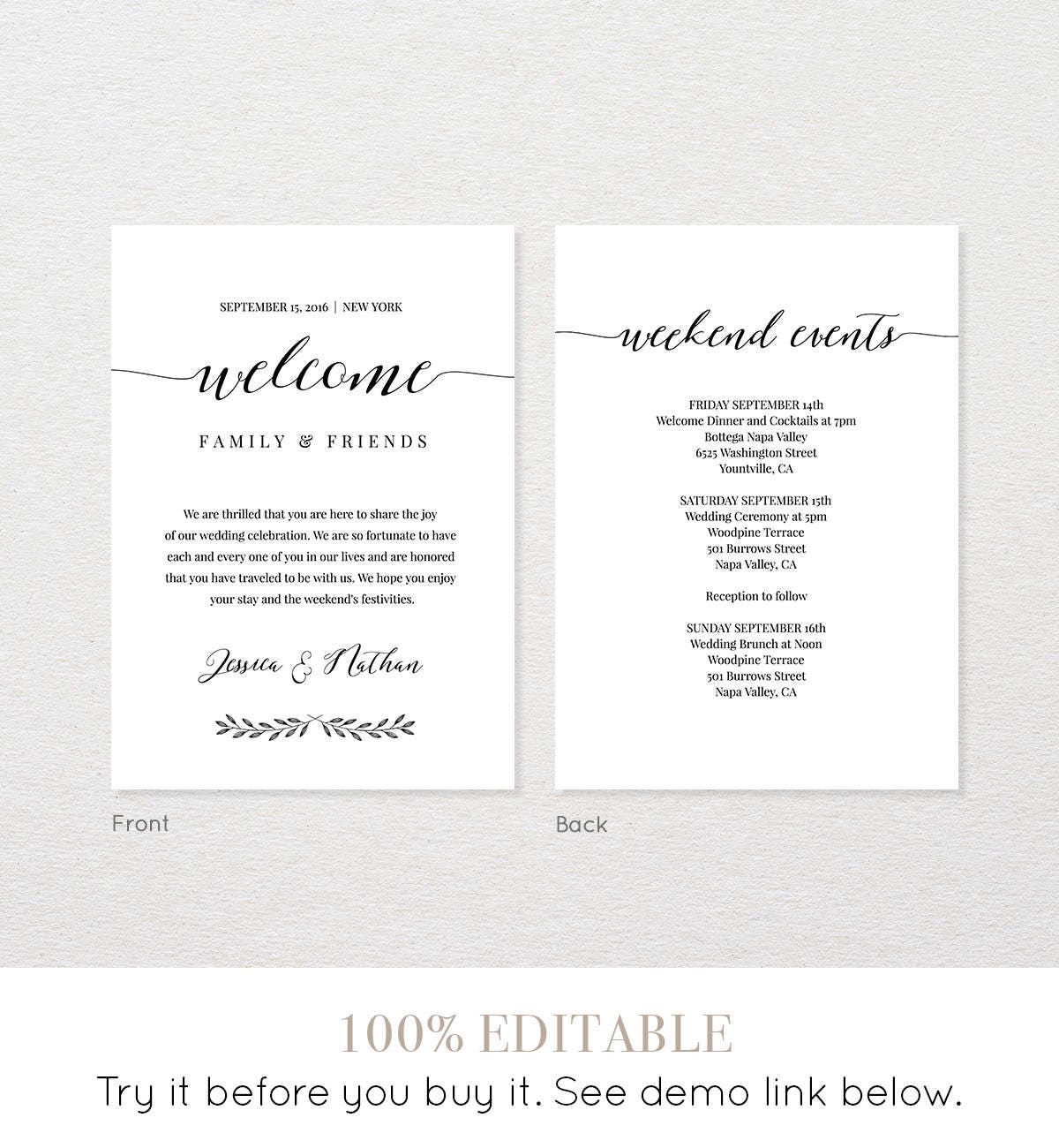 Welcome Bag Letter Template Instant Download Wedding Welcome Bag Note Agenda Editable Template #024-105WB Printable Wedding Itinerary