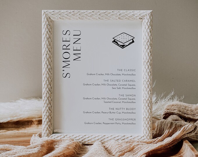 S'mores Menu, Printable Smores Bar Sign, Minimalist Wedding S'mores Station, 100% Editable Template, Instant Download, Templett  #0026B-21S