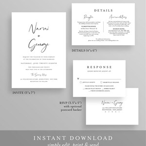 May include: A white wedding invitation suite with a minimalist design. The invitation features the couple's names, "Narmi + George", in a handwritten script font. The RSVP card includes a response section with options for "Joyfully Accepts" or "Regretfully Declines".