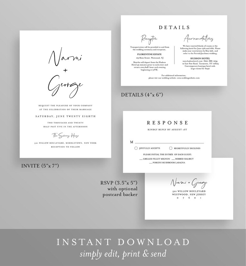 May include: A white wedding invitation suite with a minimalist design. The invitation features the couple's names, "Narmi + George", in a handwritten script font. The RSVP card includes a response section with options for "Joyfully Accepts" or "Regretfully Declines".