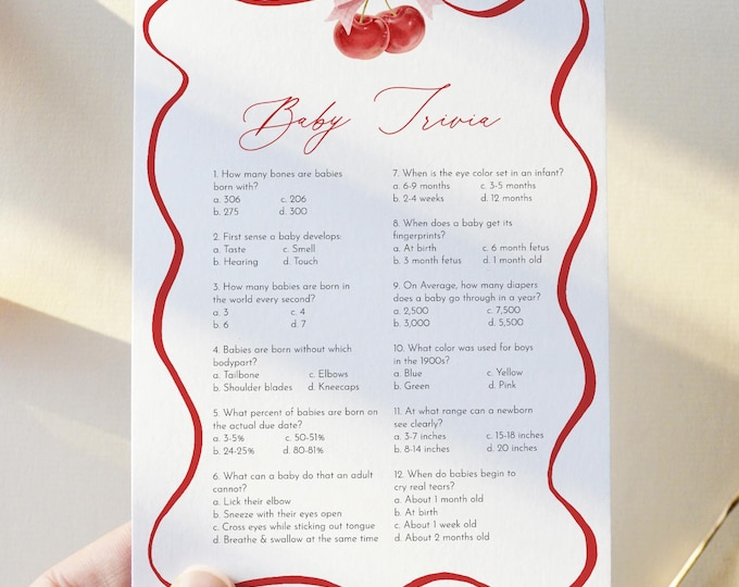 Baby Shower Trivia Game, Baby Trivia Game, Coquette Cherry Baby Shower, Bow, Girl, Cherry on Top, Editable Template, Templett #0056-01BAG