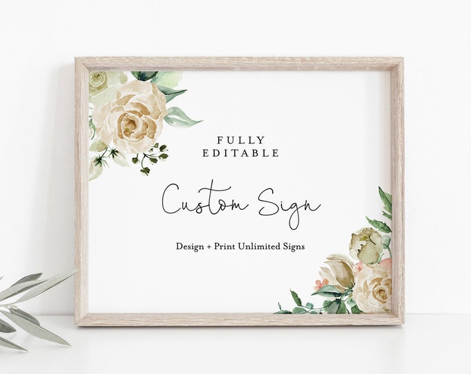 Custom Wedding Sign Template, Cream Roses, Bridal Shower Sign, Create Any Sign Unlimited Times, INSTANT DOWNLOAD, 3 Sizes #057-129CS