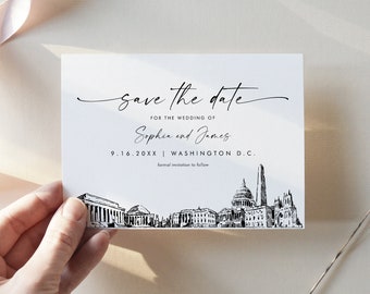 Washington DC Skyline Save the Date, Destination Wedding Washington DC Wedding Date, Editable Template, Instant, Templett, 5x7 #0047-212SD