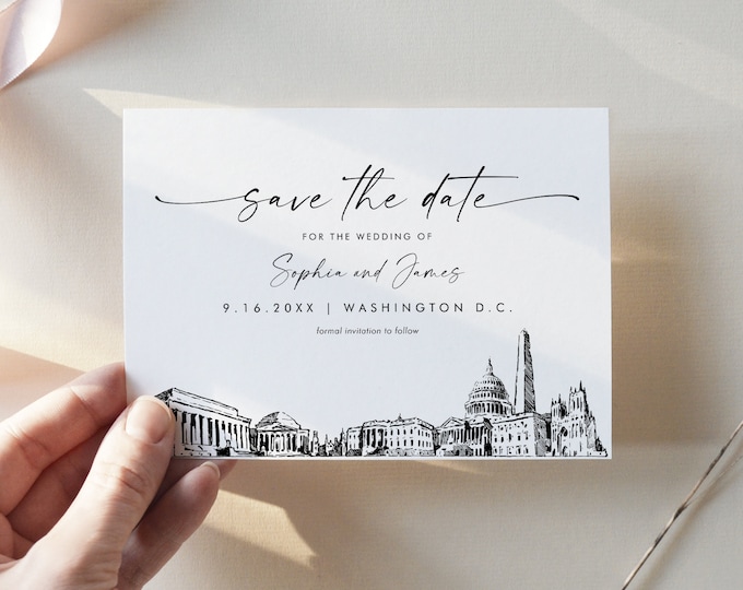 Washington DC Skyline Save the Date, Destination Wedding Washington DC Wedding Date, Editable Template, Instant, Templett, 5x7 #0047-212SD