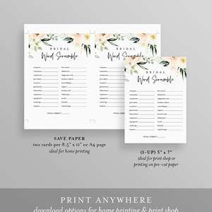 May include: Printable bridal shower game cards with a floral design. The cards feature a word scramble game with a list of words to unscramble. The text on the cards reads "Bridal Word Scramble".