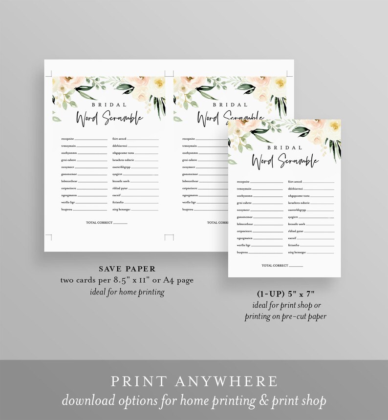 May include: Printable bridal shower game cards with a floral design. The cards feature a word scramble game with a list of words to unscramble. The text on the cards reads "Bridal Word Scramble".