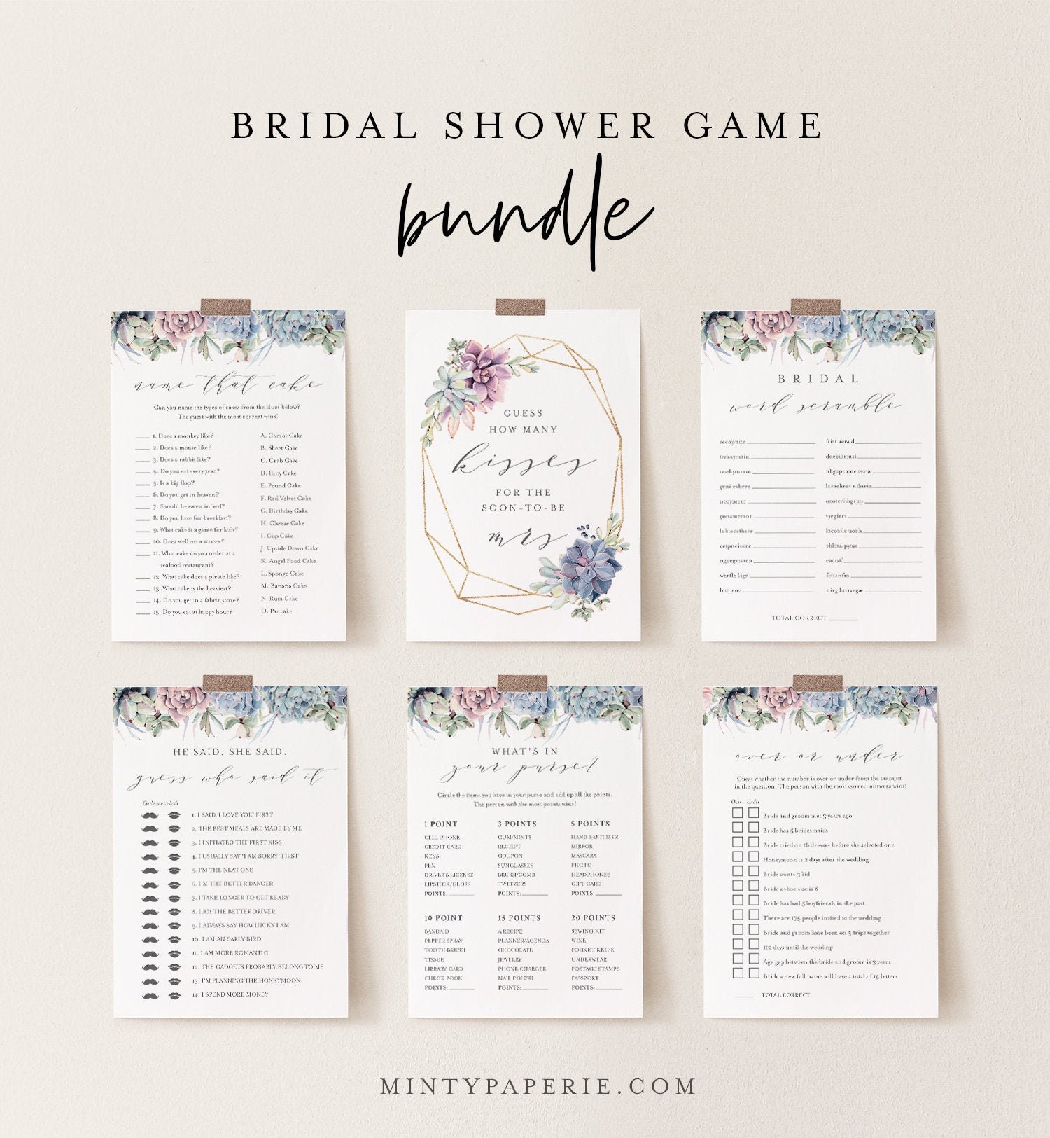 Bridal Shower Game Bundle, 12 Editable Templates, INSTANT DOWNLOAD,  Customize Name & Questions, Succulent Bridal Games, Templett #041BGB