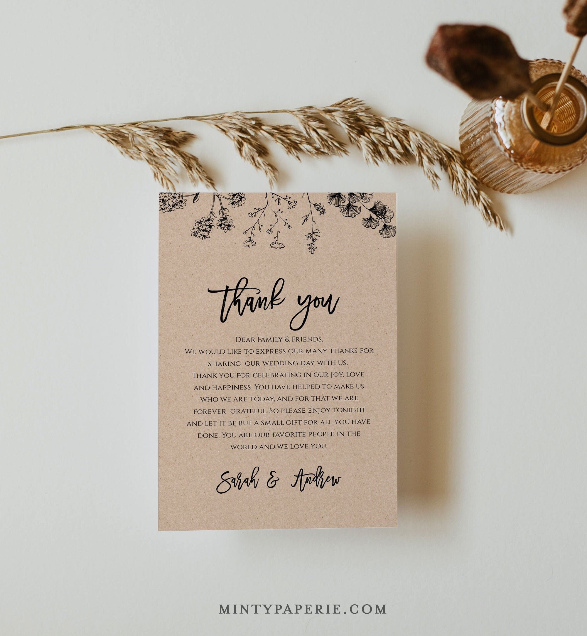 Rustic Wedding Thank You Printable, Reception Thank You Note, In Lieu