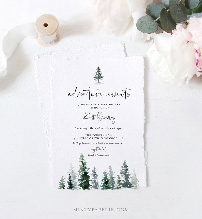 Baby Shower Invitation, Rustic Pine Tree Winter Baby Shower, Adventure Awaits, Editable Template, INSTANT DOWNLOAD, Templett 073-133BA image 3