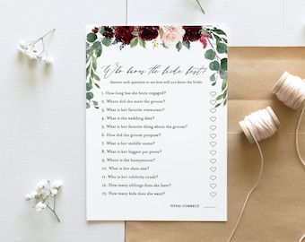 Who Knows the Bride Best, How Well Do You Know the Bride, Bridal Shower Game, Instant Download, Editable Template, Printable  #062-131BG