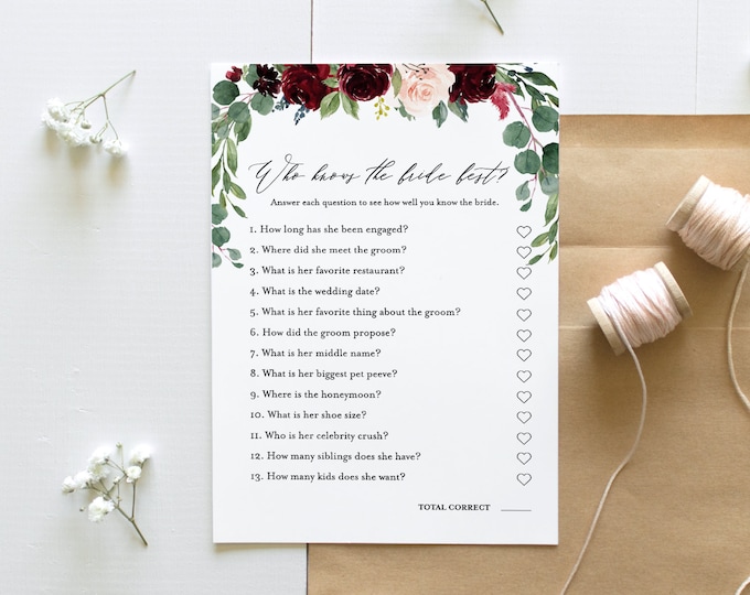 Who Knows the Bride Best, How Well Do You Know the Bride, Bridal Shower Game, Instant Download, Editable Template, Printable  #062-131BG