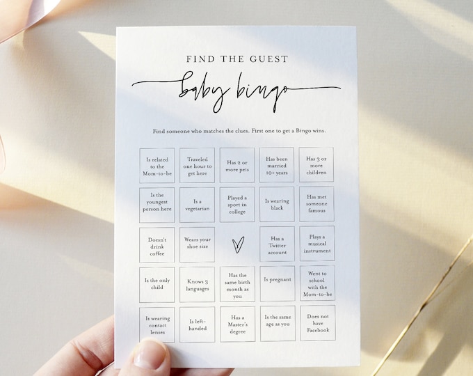 Baby Bingo Game, Find the Guest, Icebreaker, Printable Minimalist Baby Shower Game, Instant Download, Editable, Templett #0009-399BASG