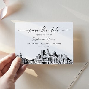 Boston Skyline Save the Date, matrimonio a destinazione Boston Massachusetts Data del matrimonio, modello modificabile, Templett, 5x7 #0047-212SD