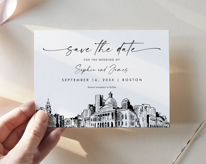 Boston Skyline Save the Date, Destination Wedding Boston Massachusetts Wedding Date, Editable Template, Templett, 5x7 #0047-212SD