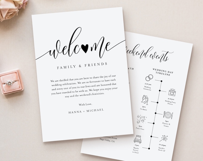 Wedding Timeline & Welcome Letter Template, Minimalist Wedding Welcome Bag Order of Events, INSTANT DOWNLOAD, 100% Editable Text #008-134WB