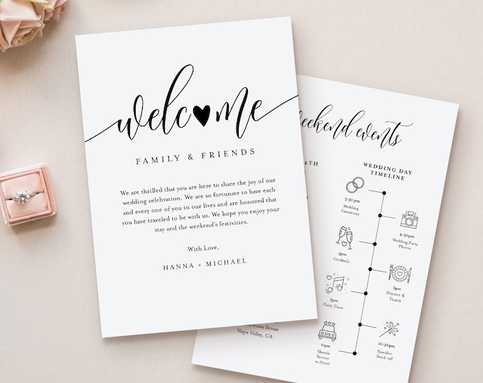 Wedding Timeline & Welcome Letter Template, Minimalist Wedding Welcome Bag Order of Events, INSTANT DOWNLOAD, 100% Editable Text #008-134WB