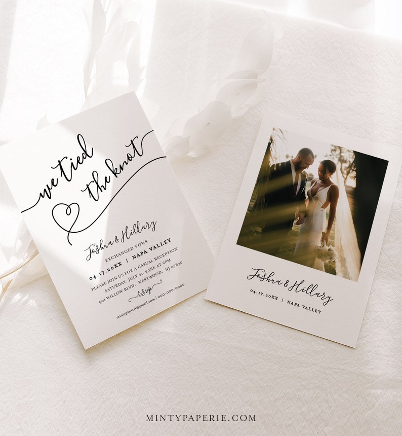 Photo Elopement Announcement, We Tied the Knot, Heart Wedding Reception Party Invitation, Instant Download, Fully Editable, DIY 030-103EL image 2