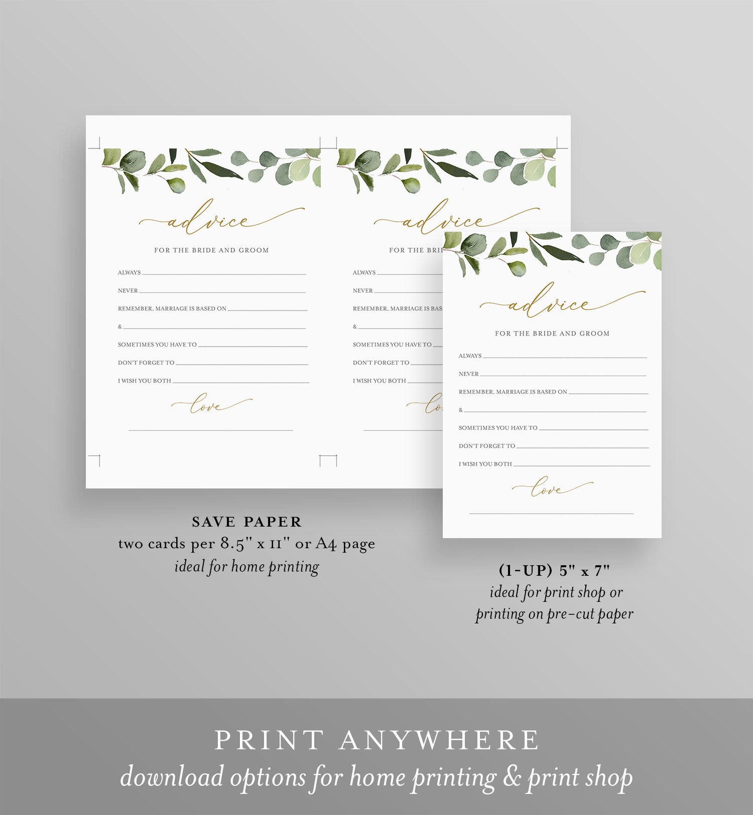 Bridal Shower Advice Card Template, Printable Greenery Wedding Advice ...
