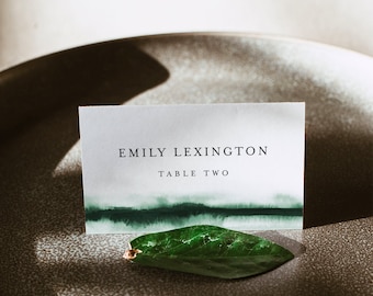 Wedding Place Card Template, Printable Emerald Green Watercolor Buffet Card, Editable Seating Card, Templett, Instant Download #093C-159PC