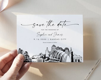 Kansas City Skyline Save the Date, City Destination Wedding Date, Missouri, Editable Template, Instant Download, Templett, 5x7 #0047-212SD