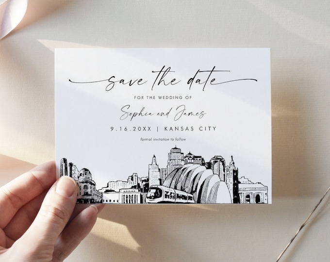 Kansas City Skyline Save the Date, City Destination Wedding Date, Missouri, Editable Template, Instant Download, Templett, 5x7 #0047-212SD