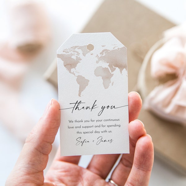 World Map Wedding Favor Tag Template, Thank You Tag, Bridal Shower Tag, Welcome Bag, Instant Download, Editable Text, Templett #0039-234FT