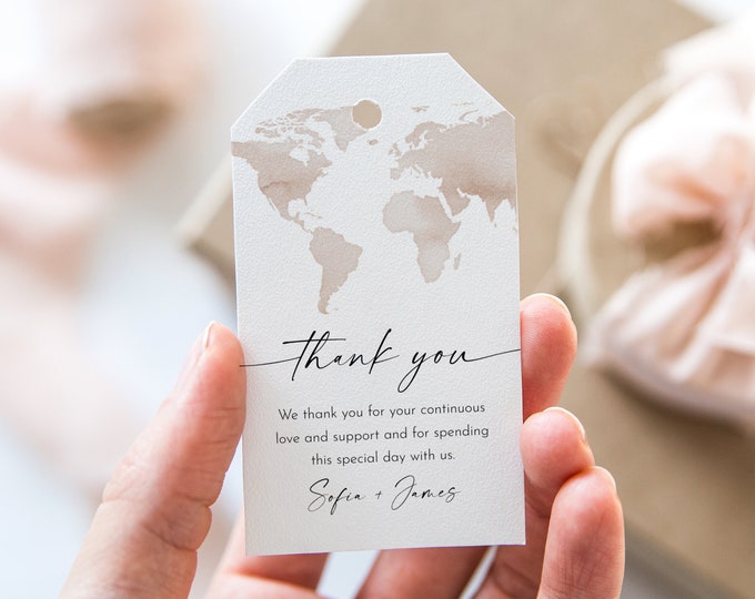 World Map Wedding Favor Tag Template, Thank You Tag, Bridal Shower Tag, Welcome Bag, Instant Download, Editable Text, Templett #0039-234FT