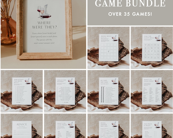 MEGA Vino Before Vows Bridal Shower Game Bundle, 36 Games, Couples Shower Games, Editable Template, Instant Download, Templett 5x7 #0026E