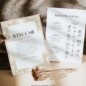 May include: Two white wedding stationery cards. One card features the word "WELCOME" in a gold art deco frame. The other card lists weekend events with a timeline and icons. The text includes the names Harper + Adrian.