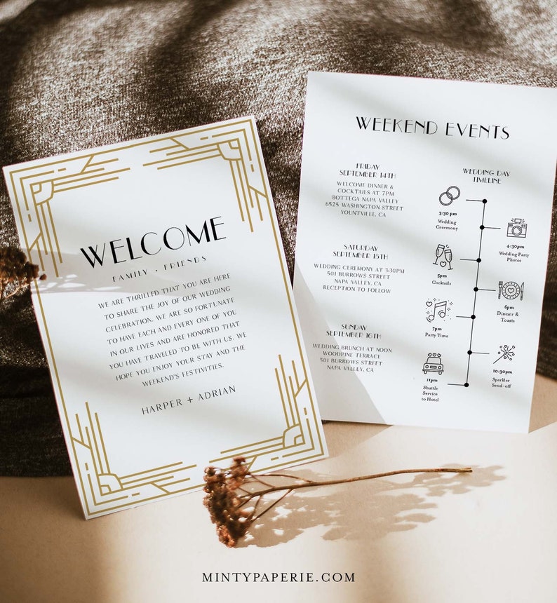 May include: Two white wedding stationery cards. One card features the word "WELCOME" in a gold art deco frame. The other card lists weekend events with a timeline and icons. The text includes the names Harper + Adrian.