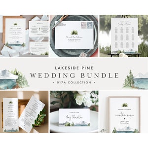 Lakeside Wedding Bundle, Mountain Pine Wedding Invitation Suite + Essentials, 100% Editable Template, Instant Download, Templett 017A-BUNDLE