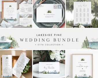 Lakeside Wedding Bundle, Mountain Pine Wedding Invitation Suite + Essentials, 100% Editable Template, Instant Download, Templett 017A-BUNDLE