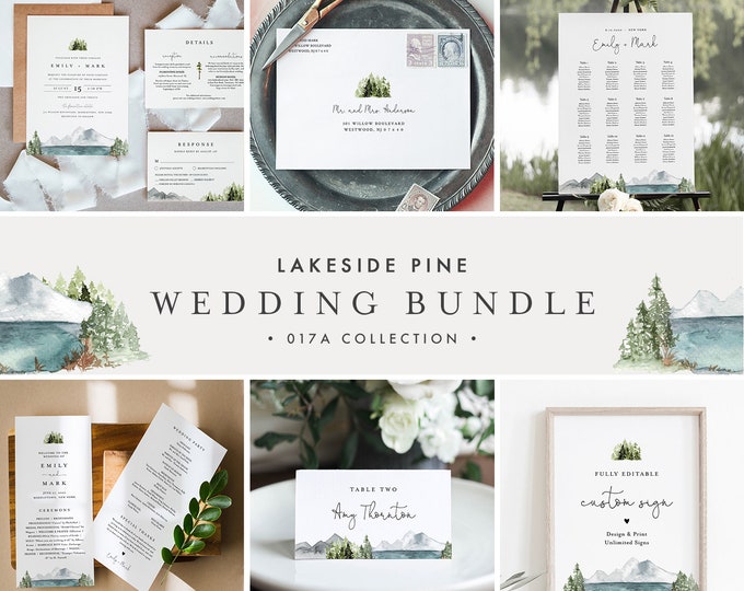 Lakeside Wedding Bundle, Mountain Pine Wedding Invitation Suite + Essentials, 100% Editable Template, Instant Download, Templett 017A-BUNDLE