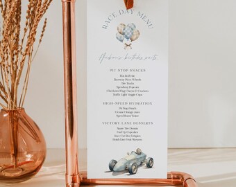 Race Car Menu, Printable Vintage Race Car Birthday Party 4x9 Menu Card, Fuel Up, Editable Template, Instant Download, Templett #0068-165WM
