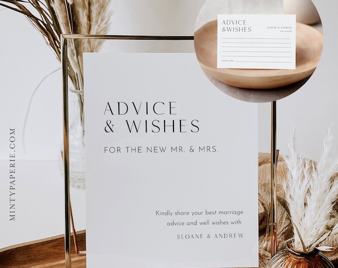 Advice & Wishes Sign and Card, Guest Book Printable, Well Wishes, Editable, Instant Download, Templett, 8x10 Sign, 3.5x5 Card #0026B-02S