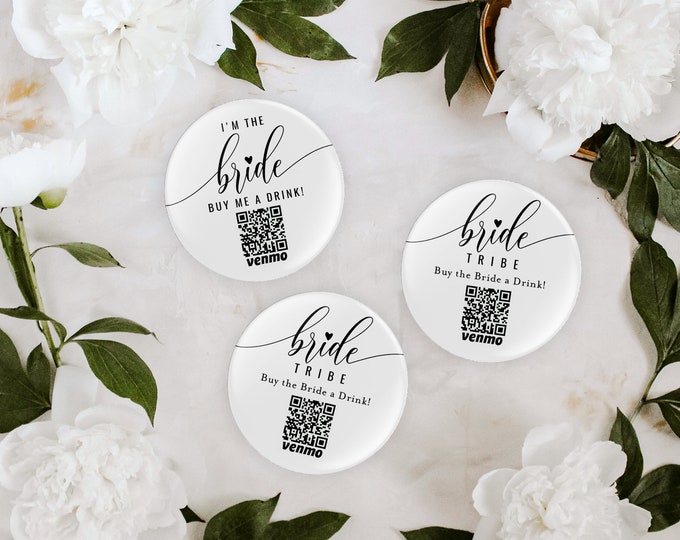 Buy the Bachelorette a Drink, Bride Venmo Button Pin, QR Code, Cash App, Venmo Sticker, Editable, Instant Download, Templett #008-106BPB