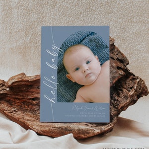 Anuncio de nacimiento de foto, tarjeta de anuncio de bebé niño, azul, recién nacido, plantilla editable, imprimible, descarga instantánea, Templett #0034PB-113BAC