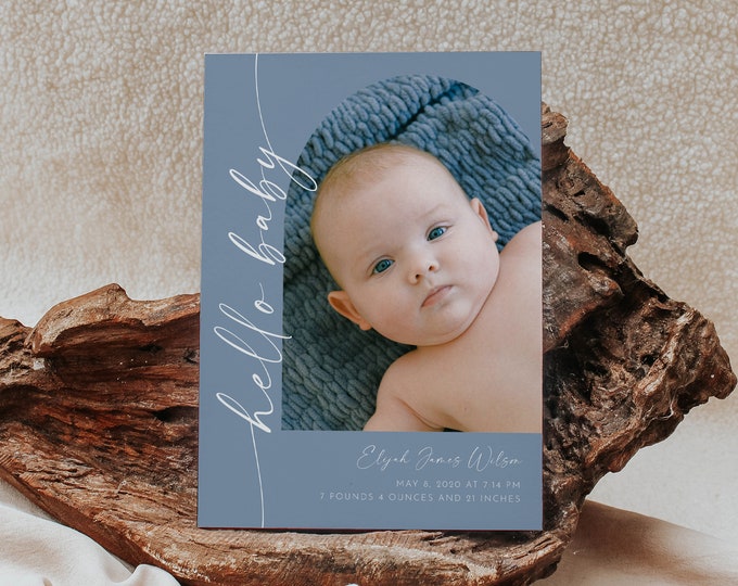 Photo Birth Announcement, Baby Boy Announcement Card, Blue, Newborn, Editable Template, Printable, Instant Download, Templett #0034PB-113BAC