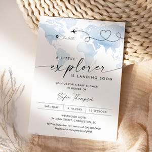 Little Explorer babyshower uitnodiging, jongen, meisje, genderneutraal, wereldkaart avontuurlijke babyshower, bewerkbare sjabloon, Templett #0039-246BA