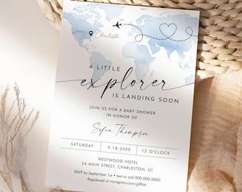 Little Explorer Baby Shower Invitation, Boy, Girl, Gender Neutral, World Map Adventure Baby Shower, Editable Template, Templett #0039-246BA