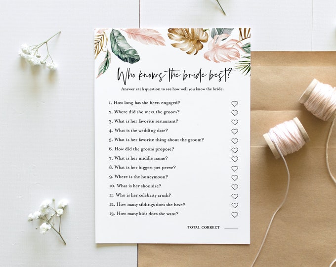 Who Knows the Bride Best Bridal Shower Game, Printable Tropical Bridal Shower Game, Editable Template, Instant Download, Templett #087-305BG