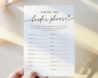 Finish the Brides Phrase Game, Bridal Shower Game, Printable Minimalist Shower Game, Editable Template, Instant, Templett #0032-18BRG