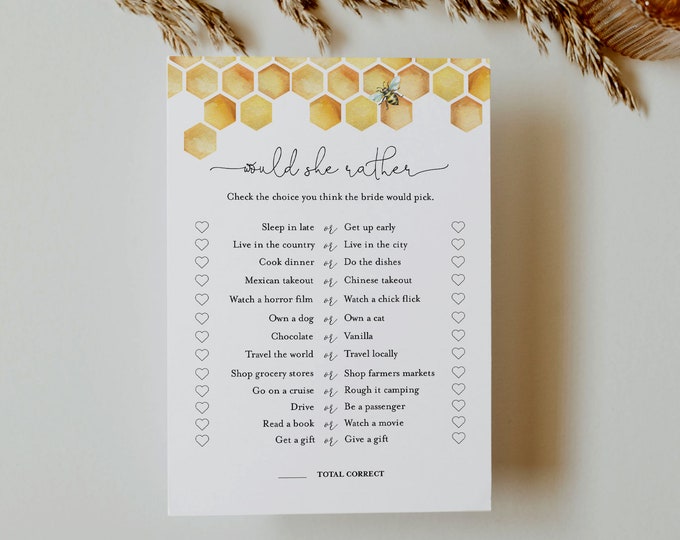 Would She Rather Bridal Shower Game Template, Honey Bee Bridal Shower Printable, Editable Template, Instant Download, Templett #097-370BG