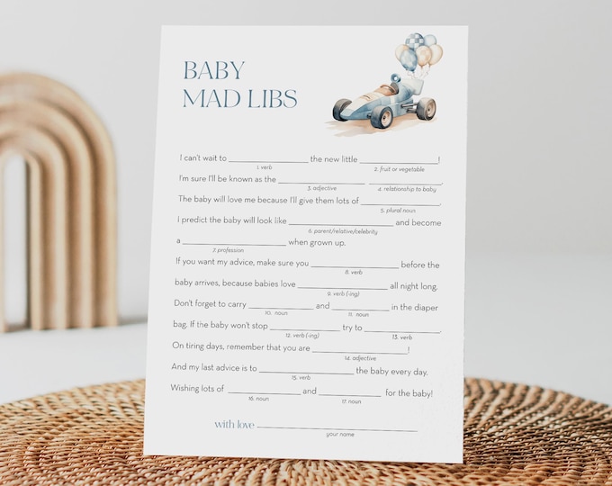 Baby Shower Mad Libs Game, Vintage Race Car Mad Libs Game, Boy Baby Shower, Little Racer, Printable, Instant Download, Templett #0068-32BAG