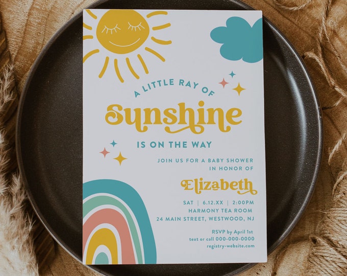 Little Ray of Sunshine Baby Shower Invitation, Sun, Gender Neutral, Retro, Editable Template, Instant Download, Templett #0049-243BA