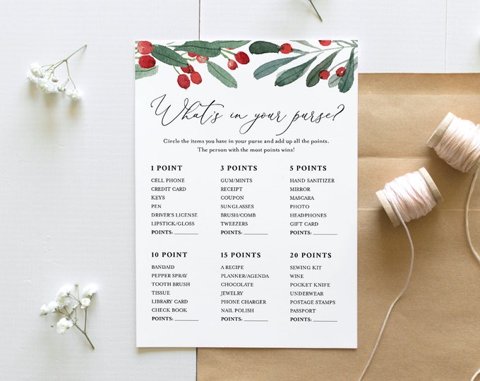 What's In Your Purse Bridal Shower Game Template, Winter Bridal Shower Printable, Holly & Greenery, Instant Download, Templett #071-199BG