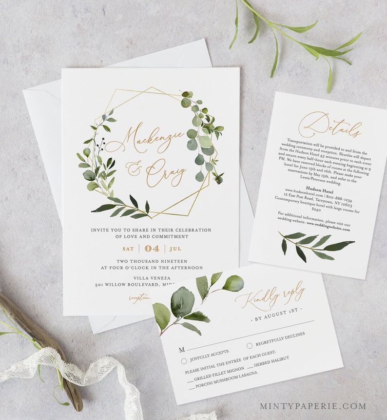 Greenery Wedding Invitation Template, Printable Invite, RSVP and Details, INSTANT DOWNLOAD, 100% Editable Text, DiY, Boho Wreath #056B 