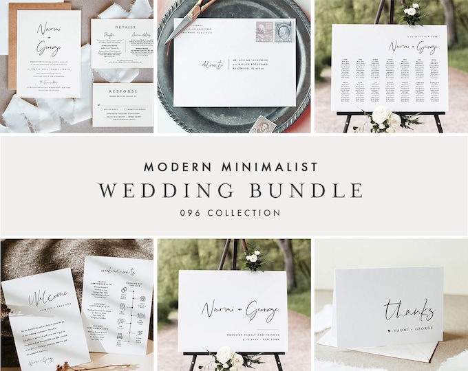 Modern Minimalist Wedding Bundle, Wedding Essential Templates, Simple Invitation Suite, 100% Editable, Instant Download, Templett 096-BUNDLE